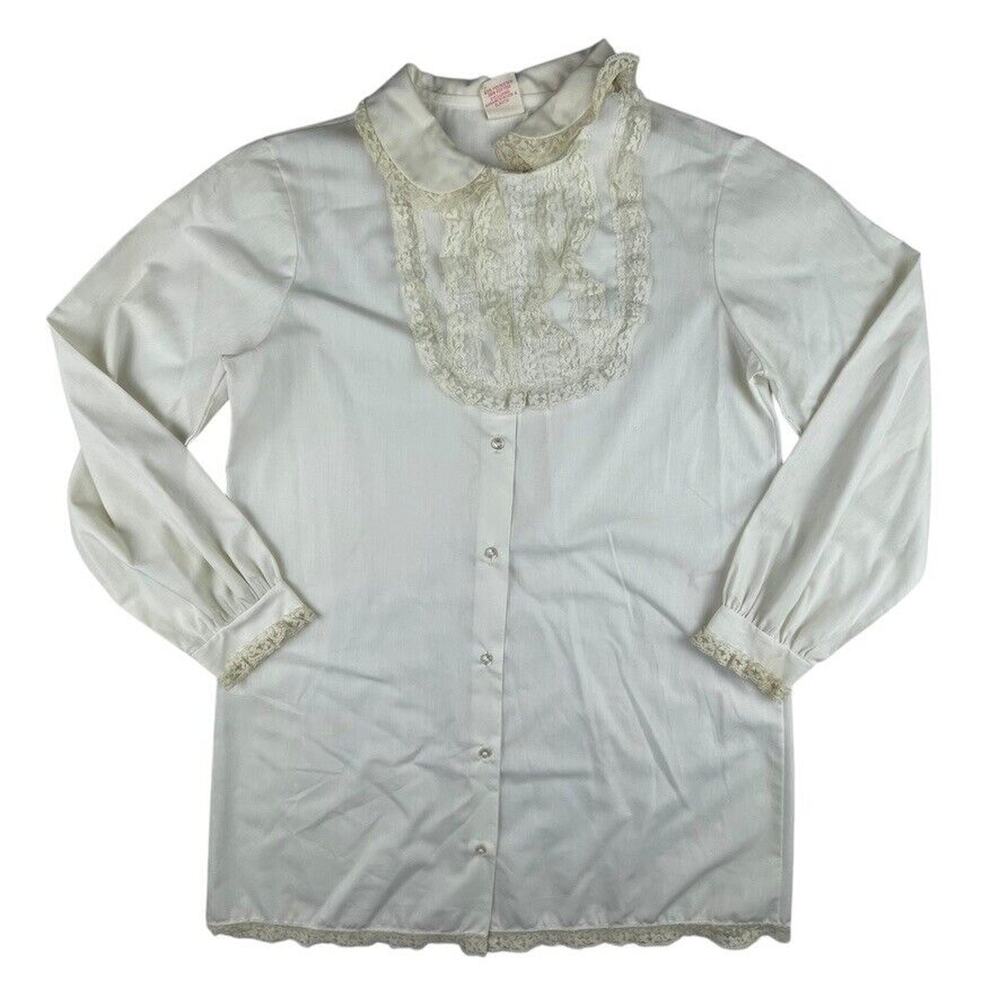 Vintage 1960s 70s full button long sleeve blouse shirt lace bib Her Majesty